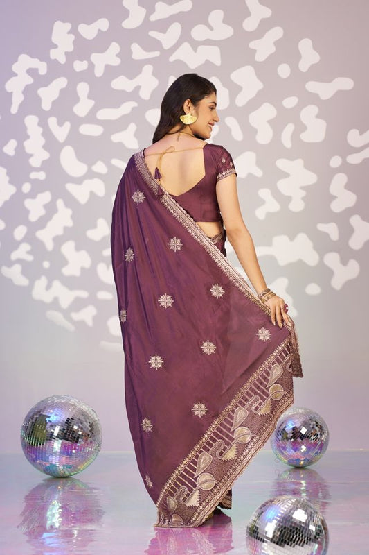 Purple Color Crepe Fabric Embroidery Work Ready To Wear Saree