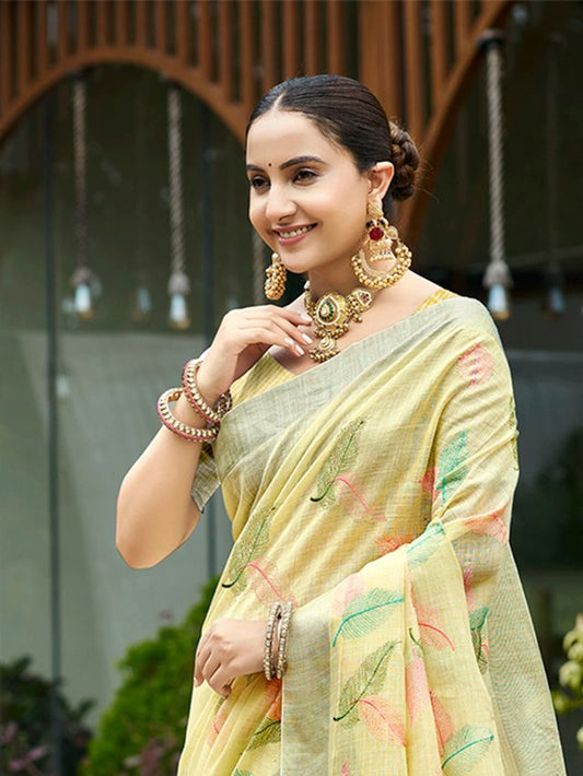 Yellow Color Beautiful Rich Looks Designer Linen Fabric Ceremonial Saree