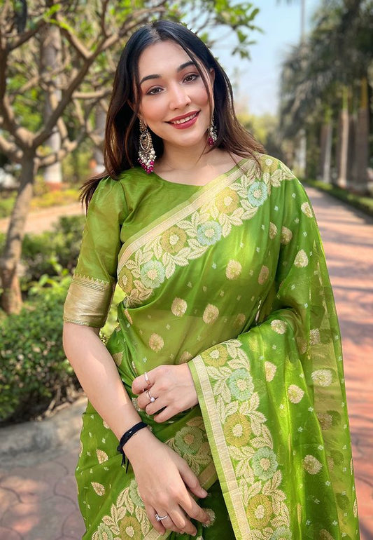 Mahendi Color Organza Fabric Woven Designer Ceremonial Partywear Saree