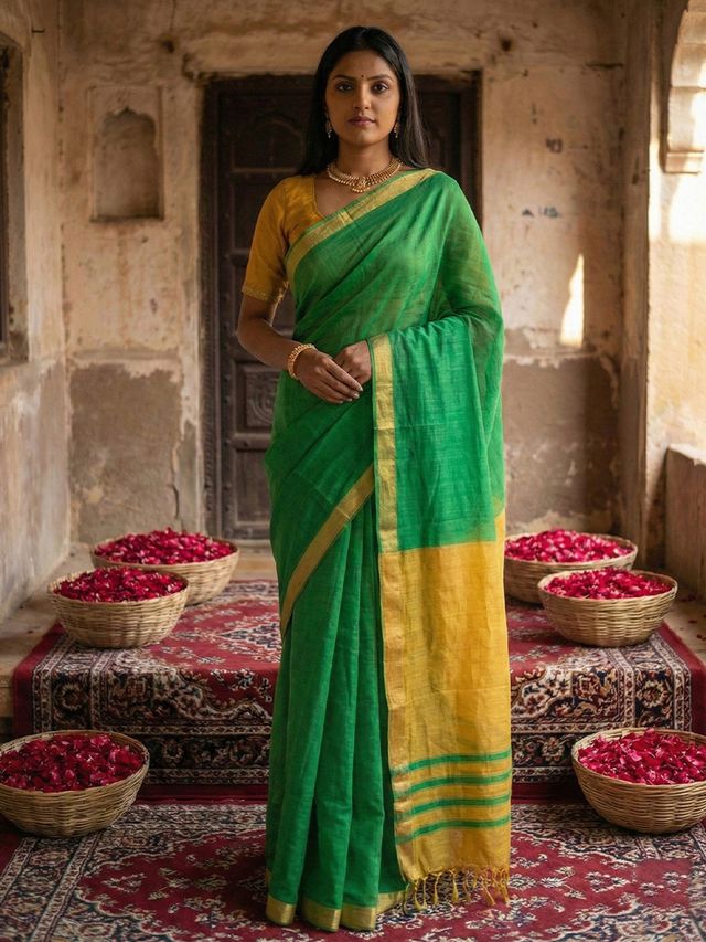 Green Color Stylish Cotton Woven Designer Partywear Saree