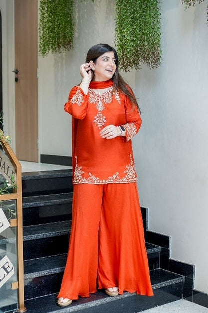 Orange Color Natural Crepe Fabric Beautiful Partywear Dress For Girls