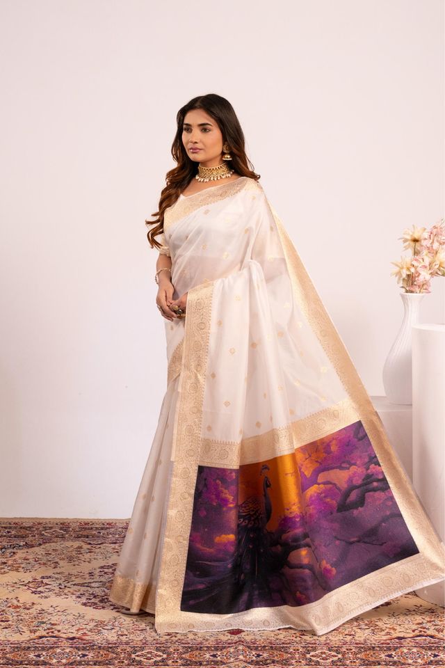 Off White Color Banarasi Silk Saree For Festive Ethnic Saree