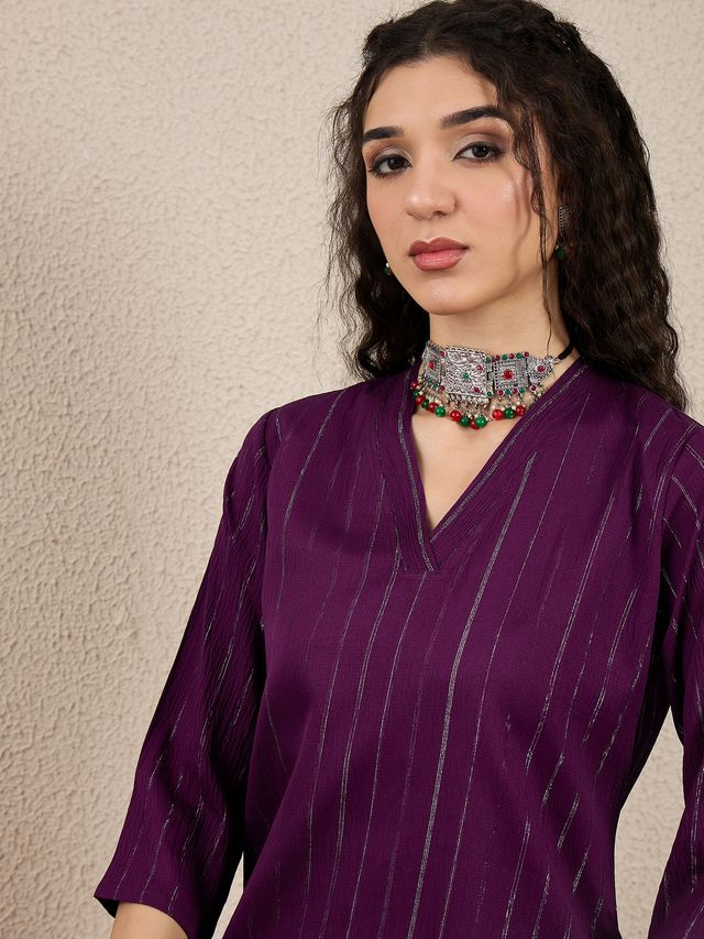 Purple Color Cotton Silk Blend Beautiful Stylish Tendy Top Bottom Set