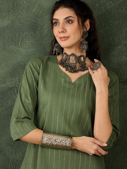 Green Color Cotton Silk Blend Beautiful Stylish Tendy Top Bottom Set