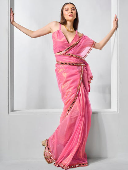 Pink Color Gold Twill Net Fabric Real Mirror And Coding Lace Work Work Designer Saree