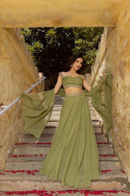Leheriya Style Lehenga Choli with Embroidered Dupatta EL-703-GREEN