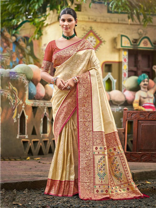 Beige Color Kanjivaram Silk Ethnic Fancy Meenakari Designer Saree