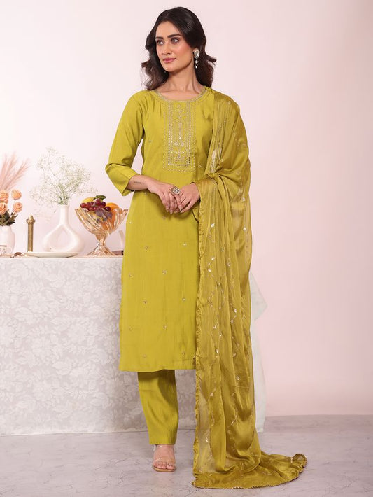 Green Color Poly Silk Fabric Smart Ethnic Partywear Kurta Set