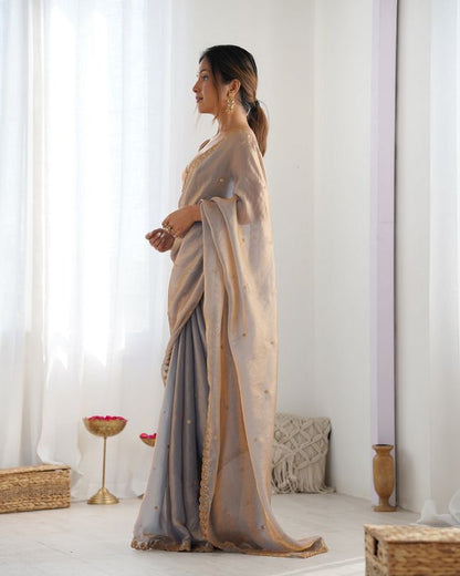 Beige Color Beautiful Fancy Partywear Fendy Satin Saree
