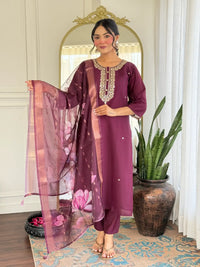 Women's Gorgeous Rayon Fabric Embroidery Work Straight Kurta Pant and Dupatta Set
