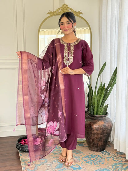 Women's Gorgeous Rayon Fabric Embroidery Work Straight Kurta Pant and Dupatta Set
