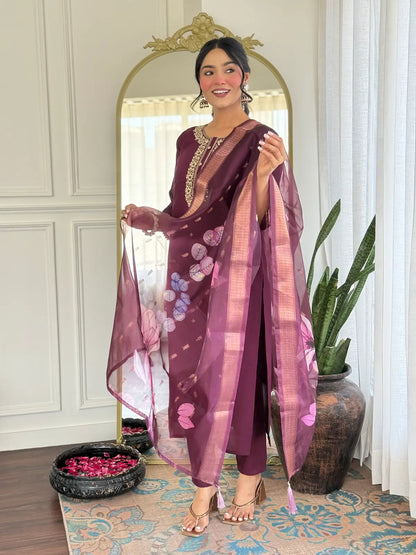 Women's Gorgeous Rayon Fabric Embroidery Work Straight Kurta Pant and Dupatta Set
