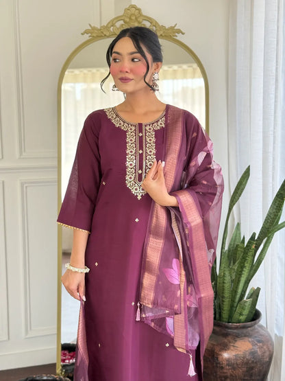 Women's Gorgeous Rayon Fabric Embroidery Work Straight Kurta Pant and Dupatta Set