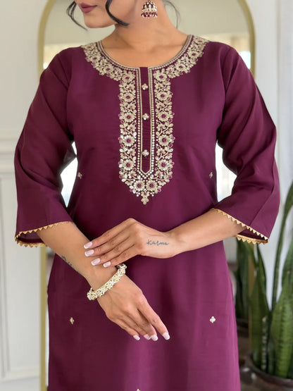 Women's Gorgeous Rayon Fabric Embroidery Work Straight Kurta Pant and Dupatta Set