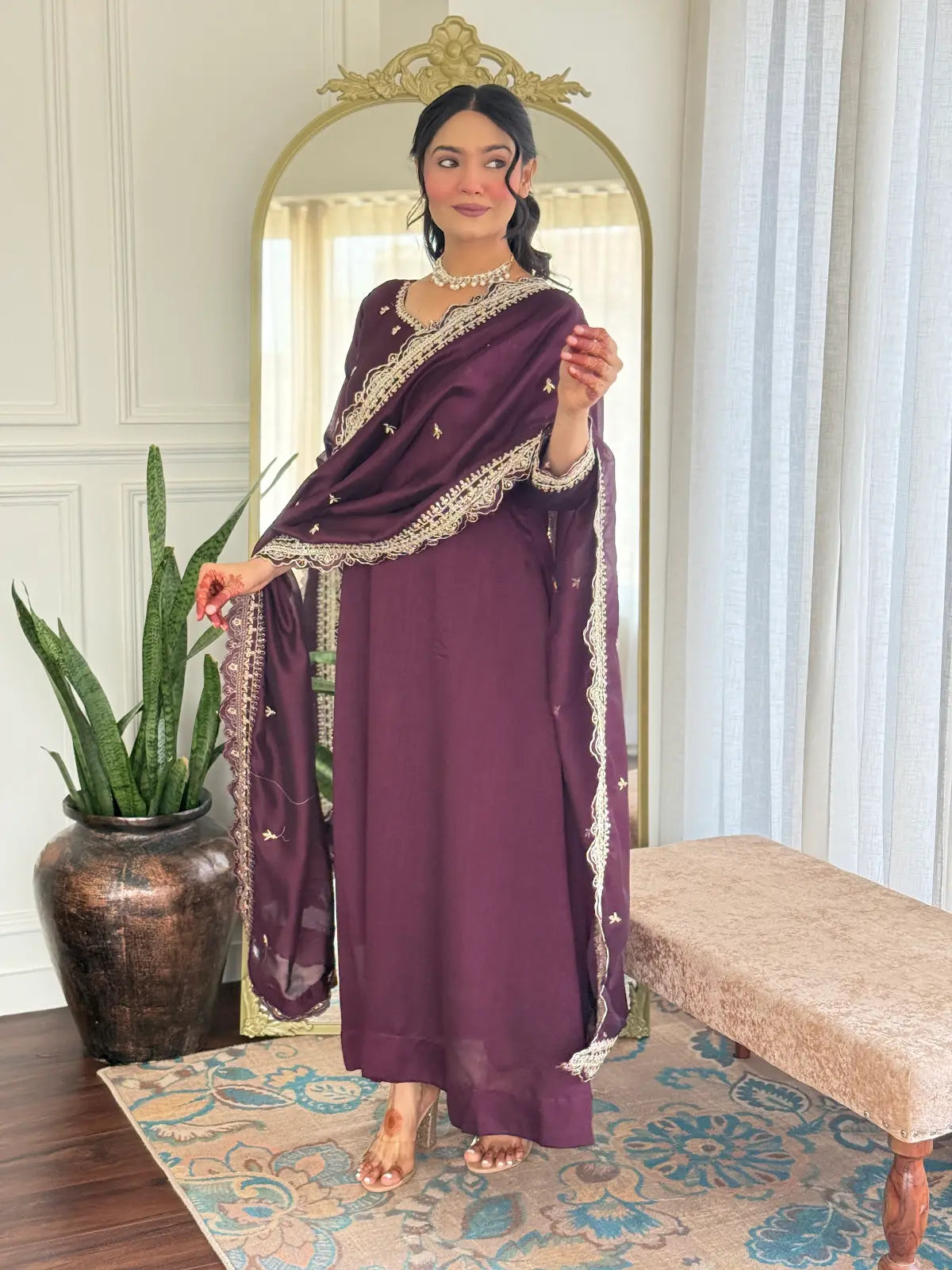 Women's Gorgeous Vichitra Silk Fabric Embroidery Work Flared Anarkali Pant and Dupatta Set