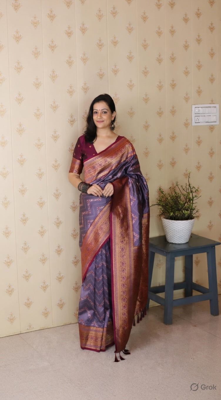Lavender Color Banarasi Silk Fabric Woven Designer Traditional Saree