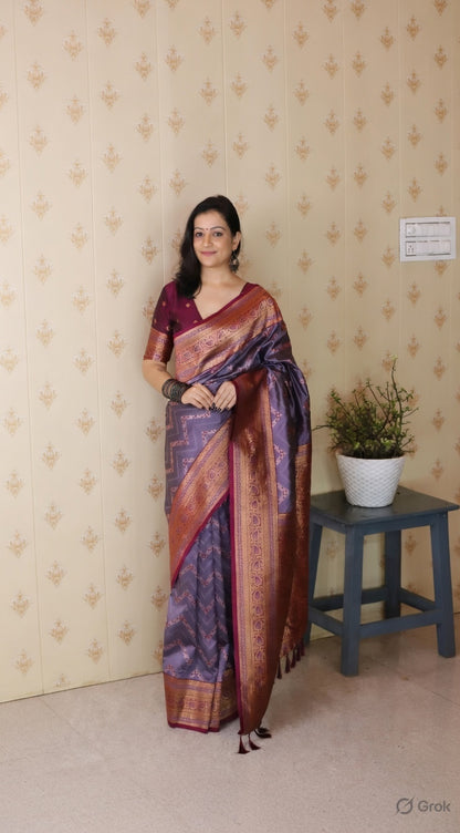 Lavender Color Banarasi Silk Fabric Woven Designer Traditional Saree