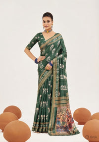 Green Color Cotton Silk Fabric Designer Digital Printed Saree