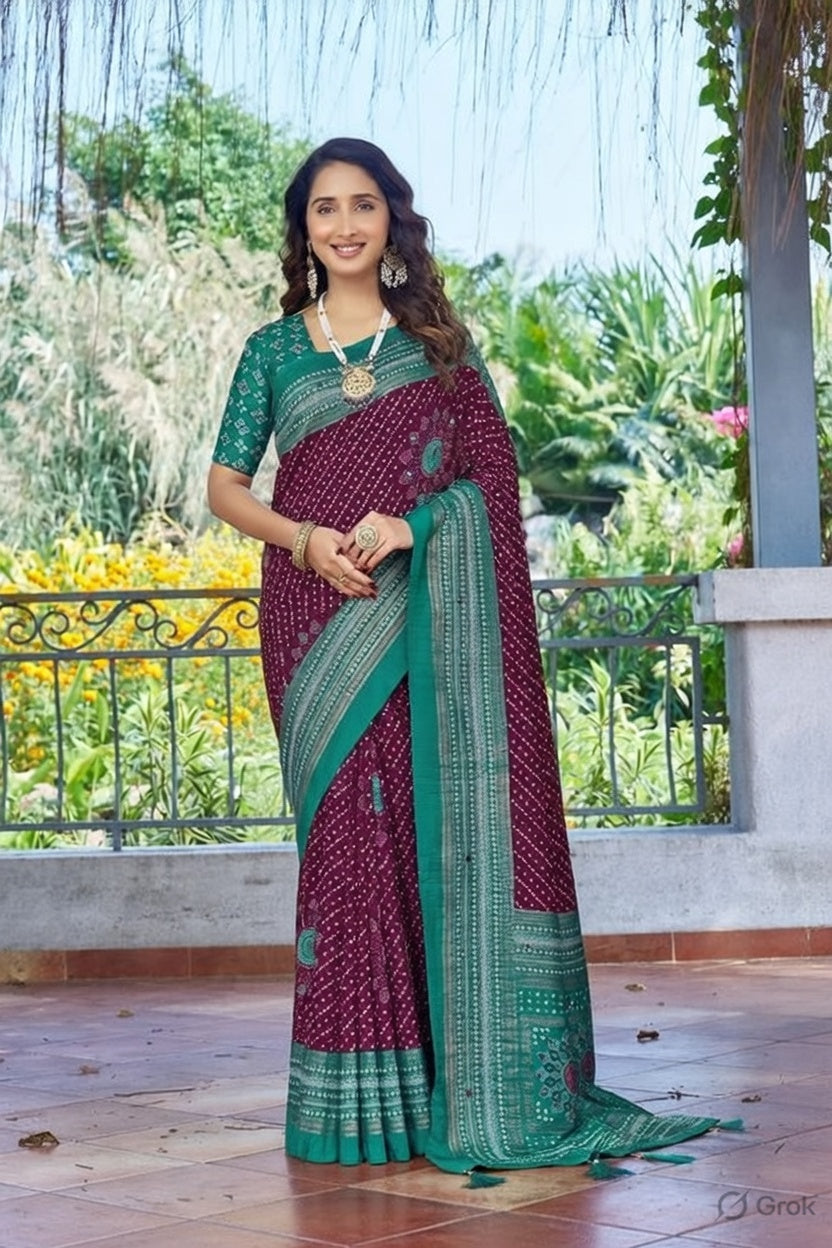 Purple Color Velvet Tussar Silk Fabric Tradtional Woven Saree With Bandhej Print