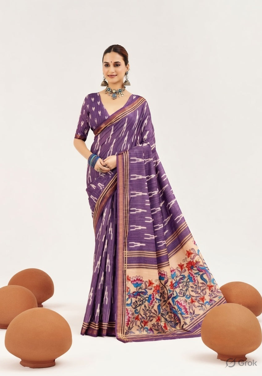 Lavender Color Cotton Silk Fabric Designer Digital Printed Saree
