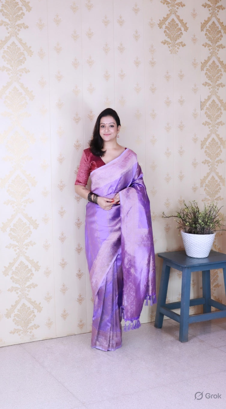 Lavender Color Soft Silk Woven Jari Designer Ethnic Partywear Saree