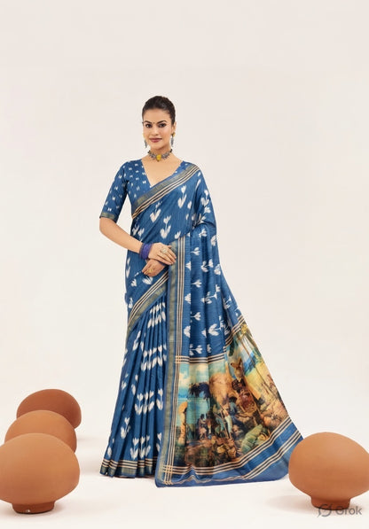 Blue Color Cotton Silk Fabric Designer Digital Printed Saree