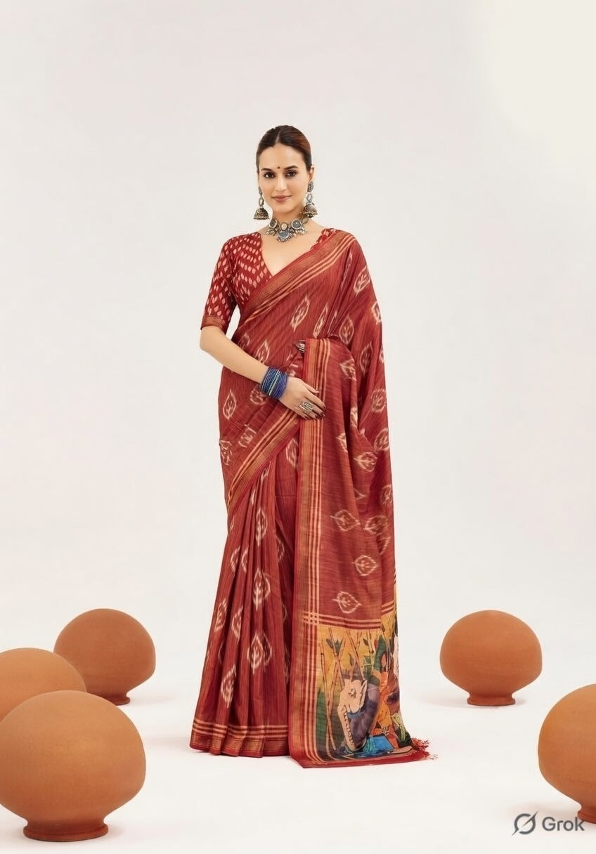 Rust Color Cotton Silk Fabric Designer Digital Printed Saree