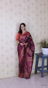 Wine Color Soft Silk Woven Jari Designer Ethnic Partywear Saree