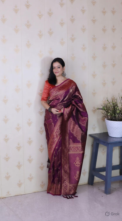 Wine Color Soft Silk Woven Jari Designer Ethnic Partywear Saree