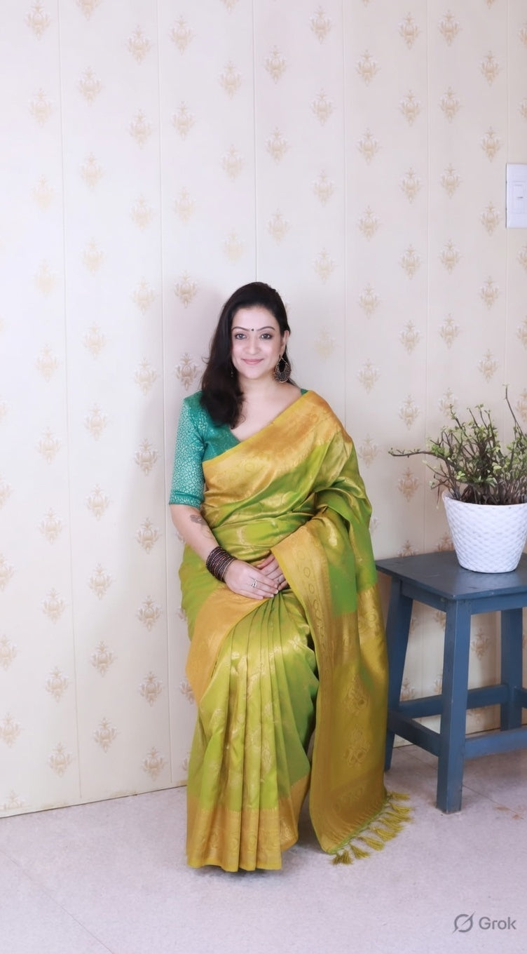 Mahendi Color Soft Silk Woven Jari Designer Ethnic Partywear Saree