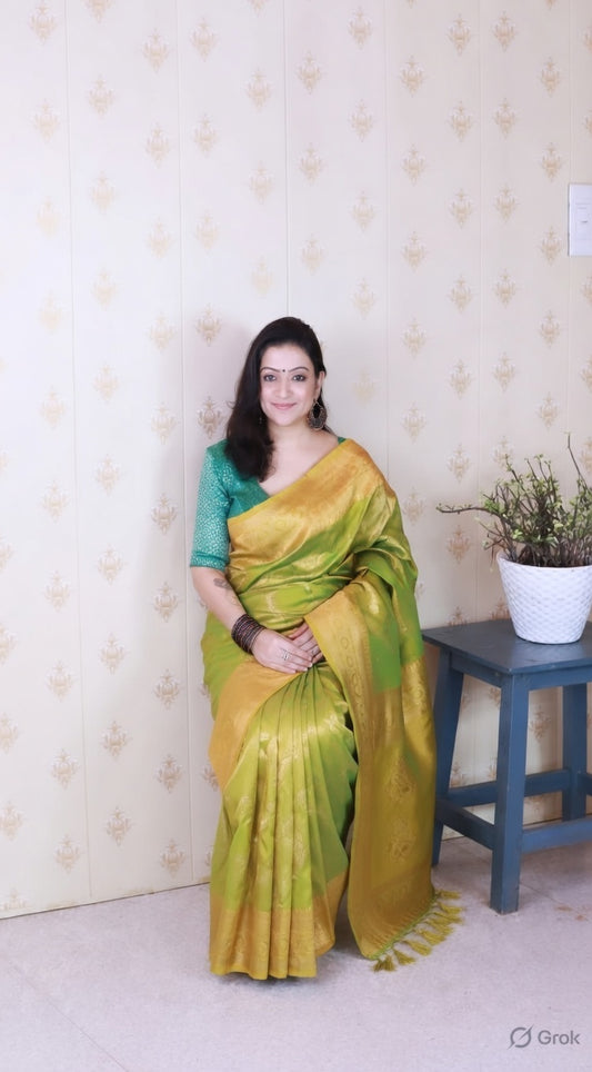 Mahendi Color Soft Silk Woven Jari Designer Ethnic Partywear Saree