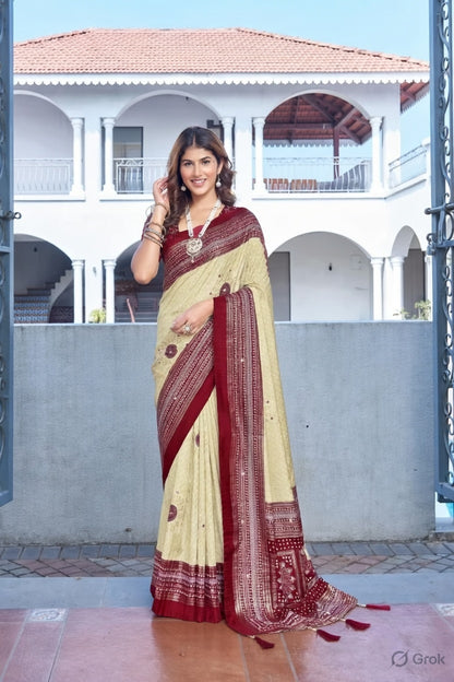 Beige Color Velvet Tussar Silk Fabric Tradtional Woven Saree With Bandhej Print