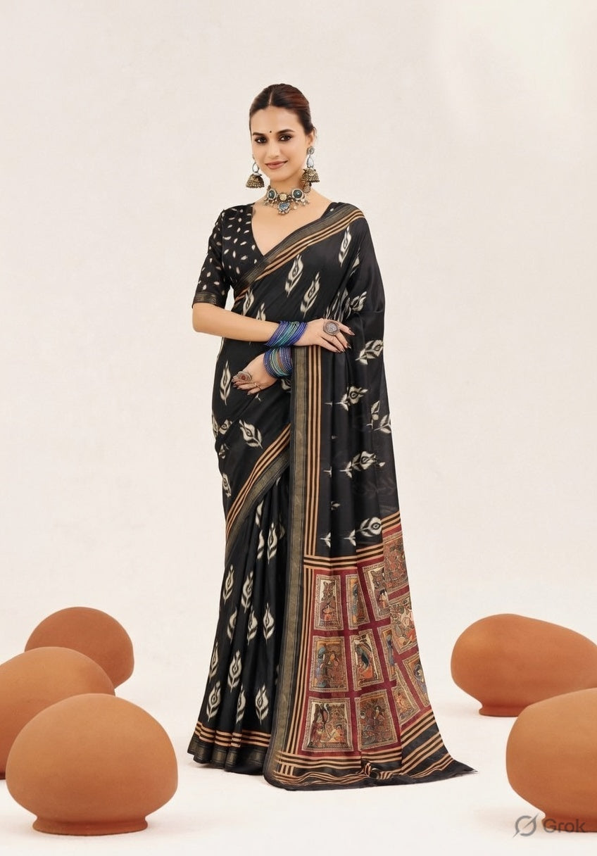 Black Color Cotton Silk Fabric Designer Digital Printed Saree