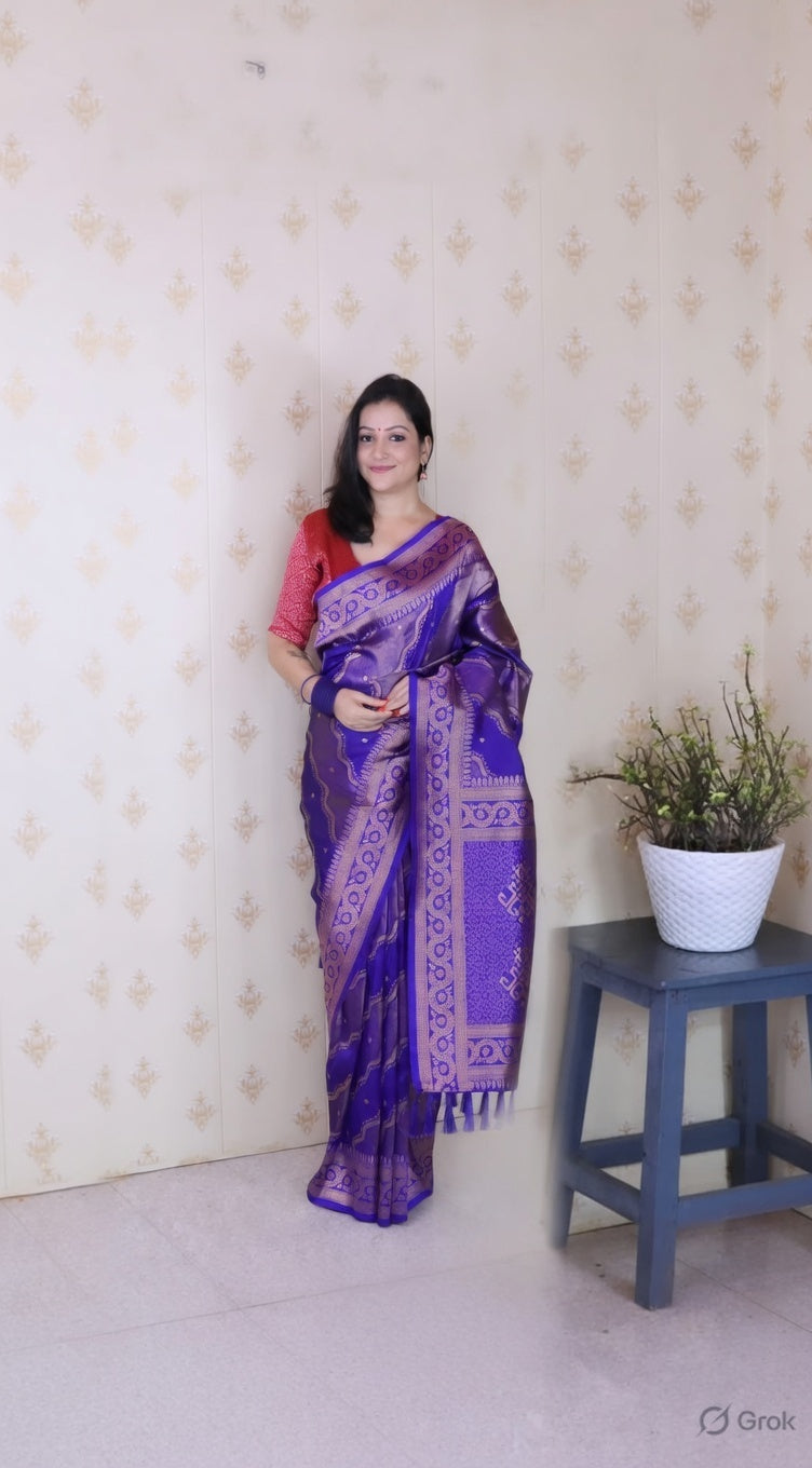 Violet Color Soft Silk Woven Jari Designer Ethnic Partywear Saree