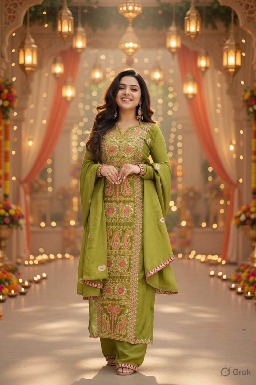 Perrot Color Chinon Fabric Designer Embroidery Work Suit for Trendy Girlie Looks