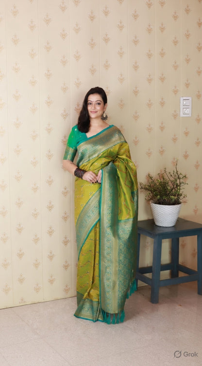 Mahendi Color Banarasi Silk Fabric Woven Designer Traditional Saree