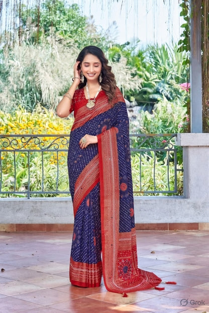 Blue Color Velvet Tussar Silk Fabric Tradtional Woven Saree With Bandhej Print