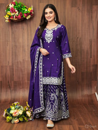 Women's Chinon fabric Embroidery work Kurta with Sharara and Dupatta set-78