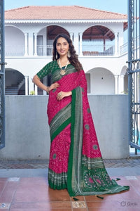 Pink Color Velvet Tussar Silk Fabric Tradtional Woven Saree With Bandhej Print