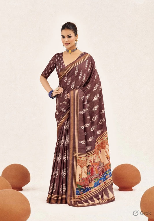 Brown Color Cotton Silk Fabric Designer Digital Printed Saree