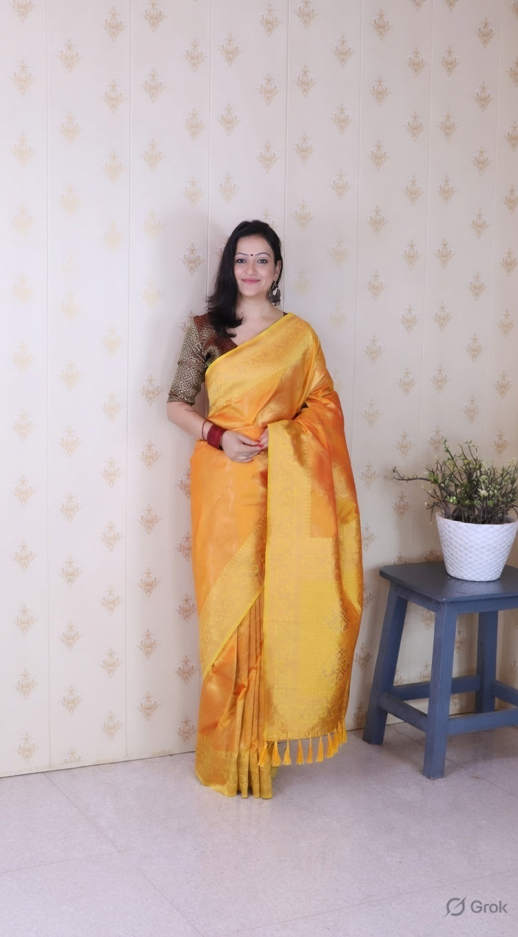 Orange Color Soft Silk Woven Jari Designer Ethnic Partywear Saree