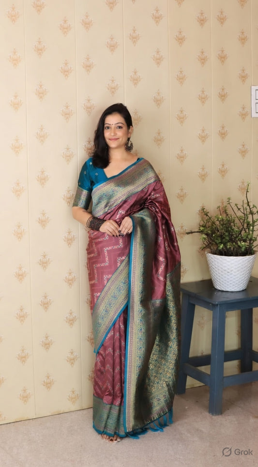 Coral Color Banarasi Silk Fabric Woven Designer Traditional Saree