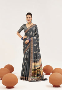 Grey Color Cotton Silk Fabric Designer Digital Printed Saree