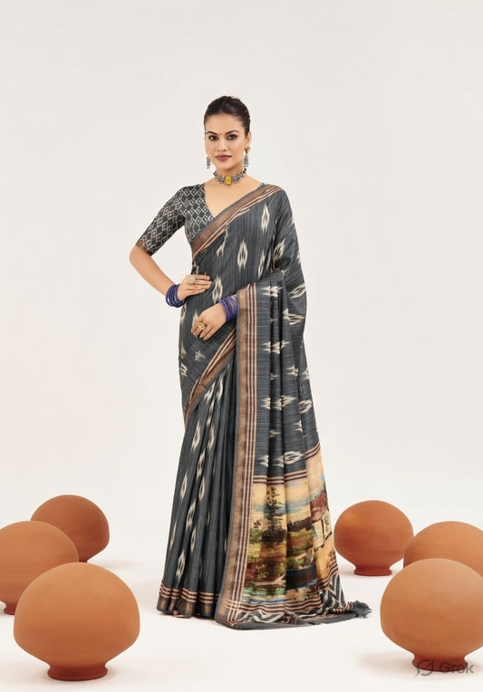 Grey Color Cotton Silk Fabric Designer Digital Printed Saree