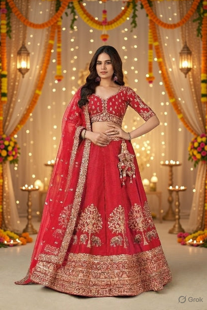 Red Bridal Ensemble with Elephant Motifs