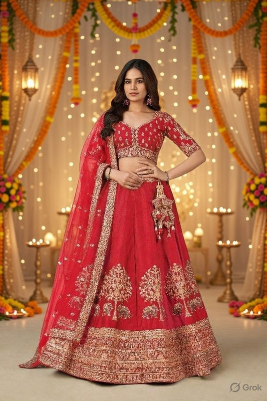 Red Bridal Ensemble with Elephant Motifs