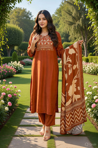 Rust Color Cotton Fabric Designer Partywear Salwar Kameez
