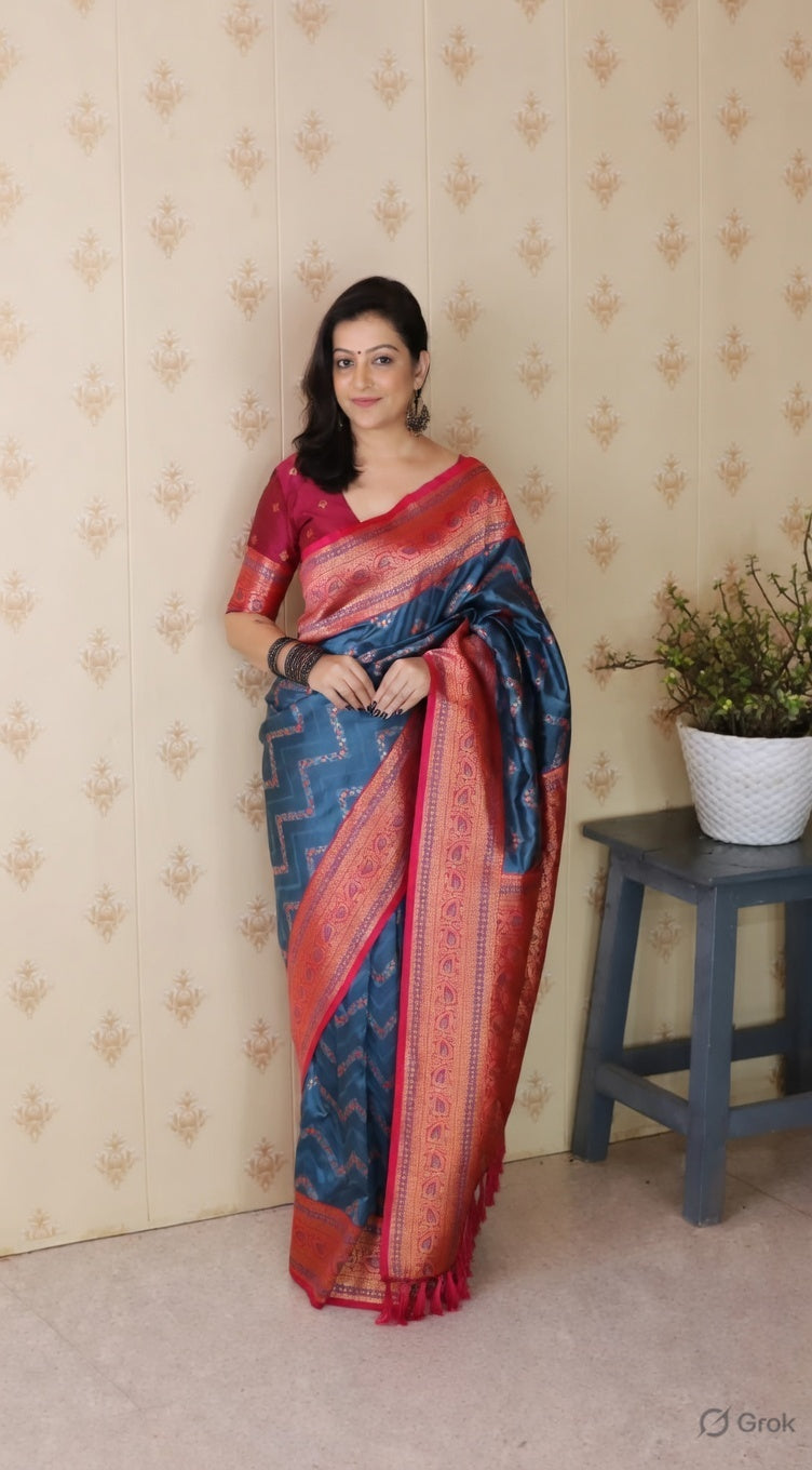 Blue Color Banarasi Silk Fabric Woven Designer Traditional Saree
