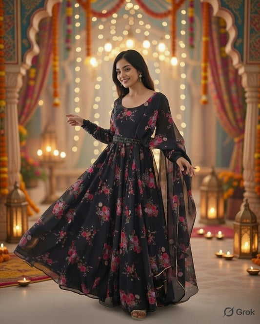 Anarkali Kurta Gown Is A Stunning Traditional Indian Outfit That Combines Elegance And Style It Is Typically Worn By Women For Special Occasions, Festivals, Or Formal Events Anarkali Kurta Features A Flared Silhouette With Multiple Layers Of Fabric