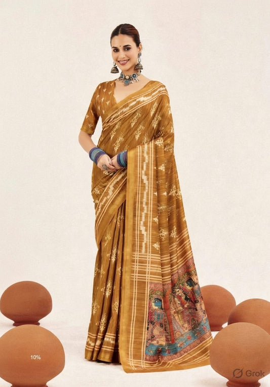 Mustard Color Cotton Silk Fabric Designer Digital Printed Saree